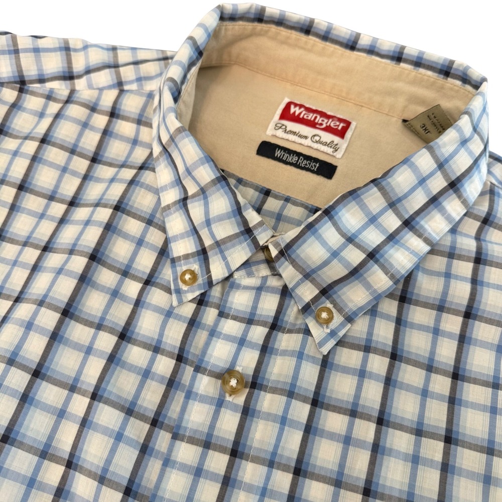 Wrangler Mens 3XL Blue White Plaid Wrinkle Resist Short Sleeve Button Down Shirt